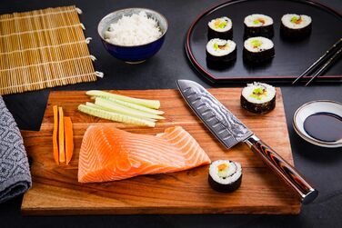 Ніж кухарський Santoku XL (30 см) Wolfblood з дамаської сталі 67 шарів, професійний, з дерев'яною ручкою, подарункова коробка та захист леза