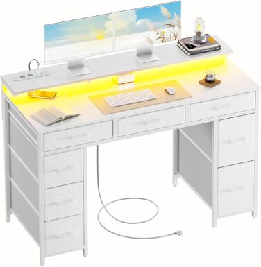 Комп'ютерний стіл з 8 висувними ящиками, 2 розетками та USB-портами, LED-підсвічуванням та підставкою для монітора, 120 x 50 x 74 см, білий