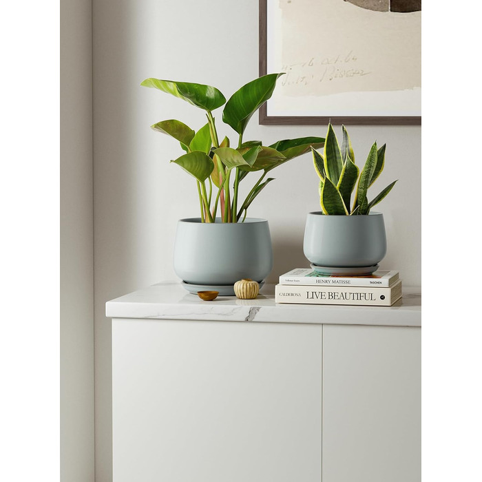 Керамічні горщики LE TAUCI з підставкою, 10+13+16 см, набір з 3 горщиків для кімнатних рослин, з дренажним отвором, реактивна глазур (блакитно-сірий)