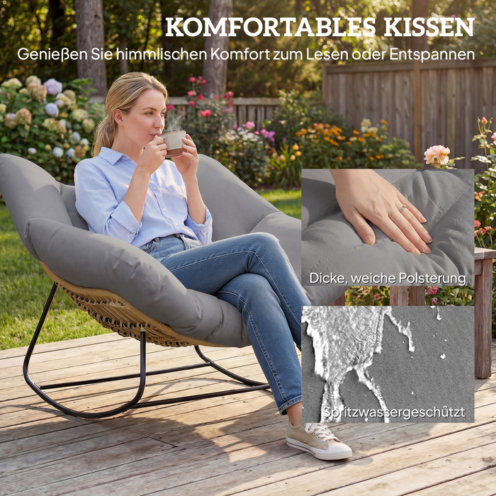 Крісло-гойдалка, крісло-качалка з подушкою, стійке до погодних умов, садове крісло, витримує до 120 кг, для вітальні, саду, газону, сірого кольору.