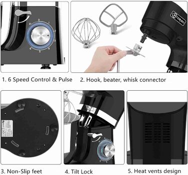 Кухонна машина 1500W з чашею 6.2L з нержавіючої сталі, 6 швидкостей, міксер для тіста, з набором насадок (вічорник, гак для тіста, вінчик), кришка-розбризкувач та скребок для тіста, чорна