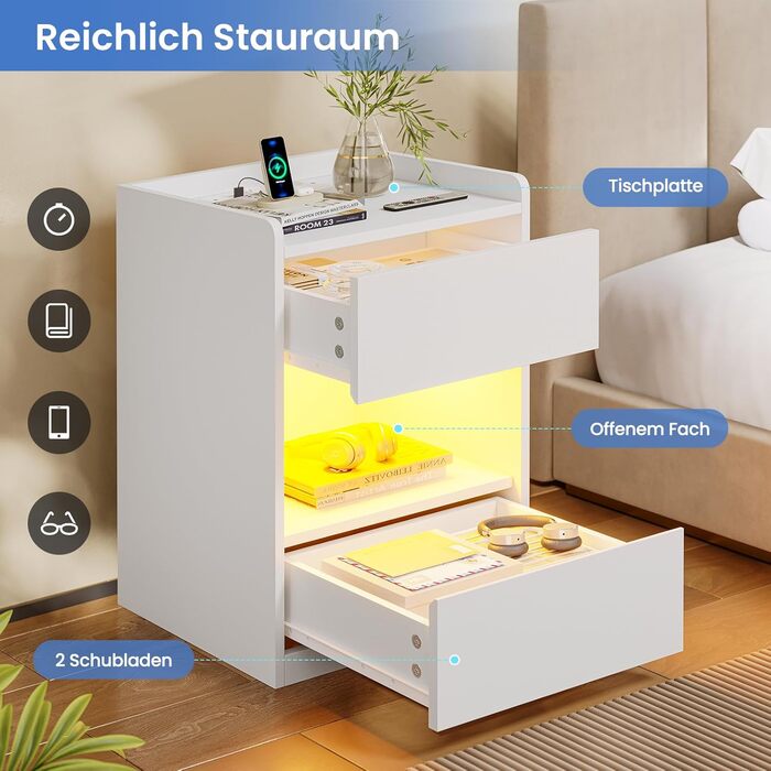 Нічний столик AOGLLATI з LED-підсвічуванням та зарядкою, 2 шухляди та полиця, білий (40x35x60 см)