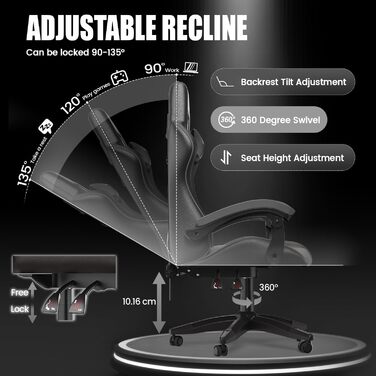 Ігровий крісло Bigzzia - ергономічне крісло для ПК з підголівником, RGB підсвічуванням, для юнаків та дорослих (чорно-сірий, без LED)