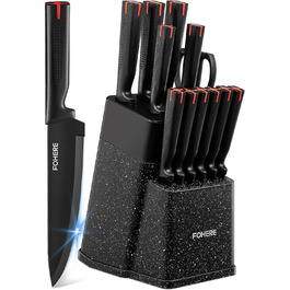 Набір ножів FOHERE 13 предметів з точилкою: якісний набір кухонних ножів з нержавіючої сталі з точилкою та підставкою, чорний граніт