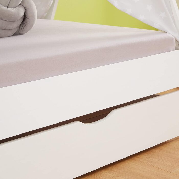 Дитяче ліжко Homestyle4u Tipi 90x200 см з ящиками, біле, з наметом, зірки, з дерева (сосна)