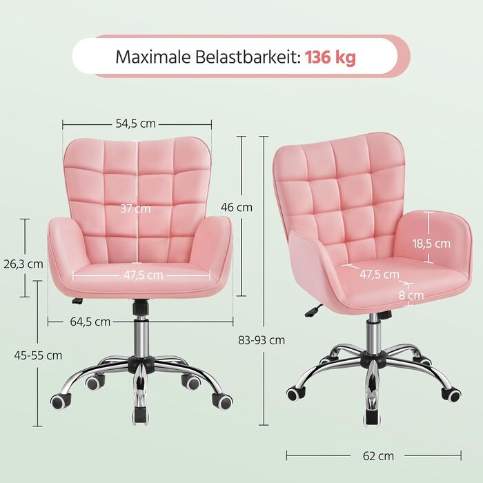 Крісло офісне Yaheetech ергономічне, з регулюванням висоти, з підлокітниками, на роликах, до 136 кг, біле (рожеве)