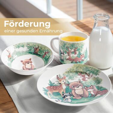 MIAMIO Набір дитячого посуду 3 шт. з порцеляни (тарілка, миска, чашка) - для дітей та малюків (ліс)