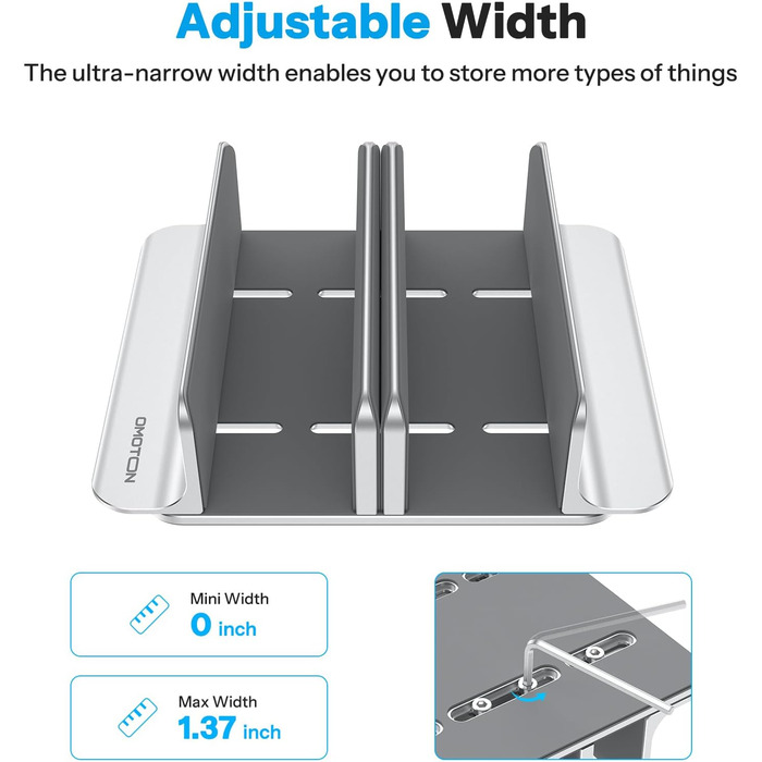 Підставка для ноутбука OMOTON 3 в 1, алюміній, регульована, до 17.3 дюйма, сумісна з MacBook, Android, срібна