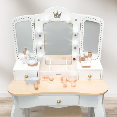 Детський туалетний столик Mamabrum XXL з дерева з пуфом та LED-дзеркалом – для дівчаток віком від 3 років з висувною шухлядою та аксесуарами для краси – ігровий набір та письмовий стіл MAM240 DRESSER