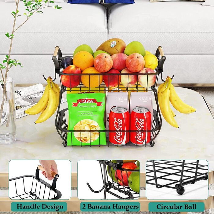 Поверховий кошик для фруктів з 2 банановими вішалками, кошик для фруктів і овочів на кухонному столі, металевий дріт, кошик для зберігання, підставка для фруктів, 2-
