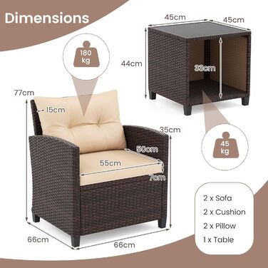 Садовий набір меблів GIANTEX з ротангу для балкона та тераси: 2 крісла та стіл, коричневий ротанг + коричневі подушки