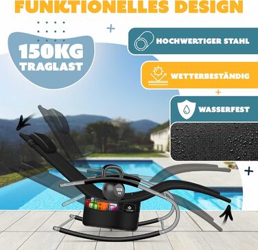 Крісло-шезлонг KESSER® для відпочинку на вулиці | Садове крісло-шезлонг | Крісло-гойдалка | Зручне крісло з підголовником | Чорний | Макс. 150 кг