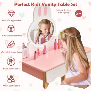 Дитячий туалетний столик LIFEZEAL 2 в 1 з дзеркалом та табуретом, рожевий, з шухлядами