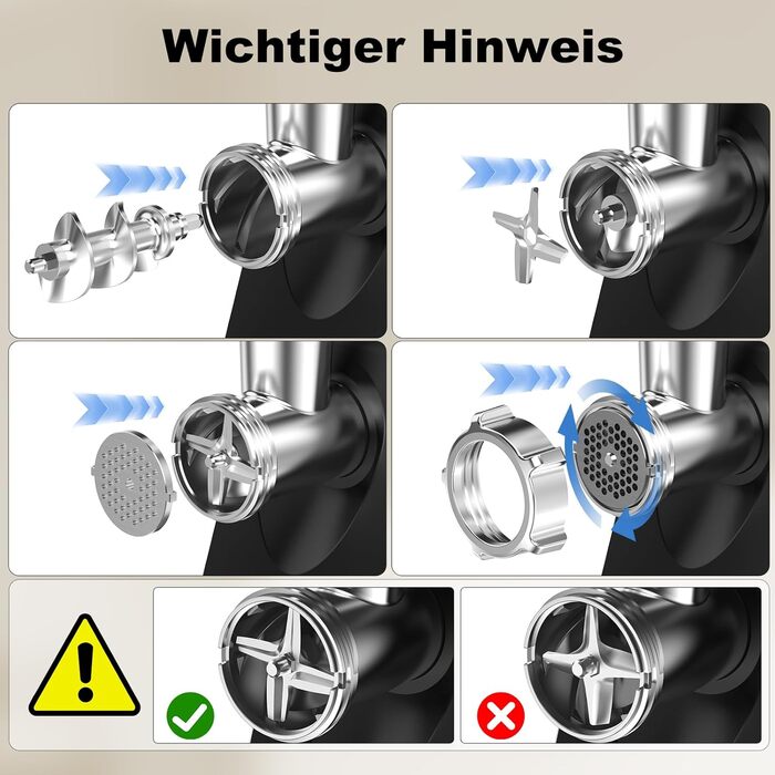 Електрична м'ясоподрібнювач Fleischwolf Juissiart: подрібнювач, фарш, ковбасний насадка, нержавіюча сталь, 3 диски, для кеббе, універсальний