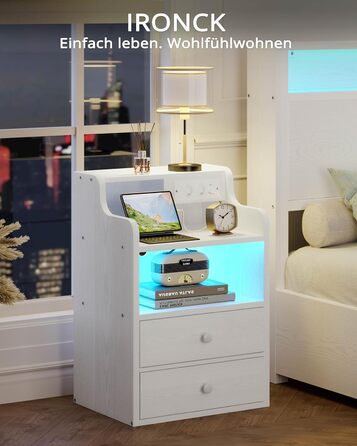 Нічний столик IRONCK з LED-підсвіткою, розеткою та функцією зарядки, з ящиками, білий.