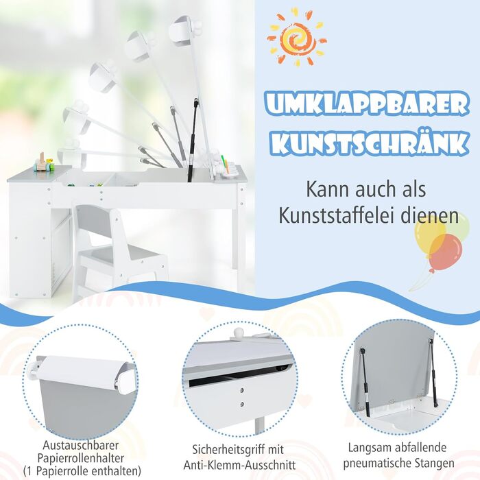 Дитячий стіл COSTWAY 3 в 1 з 2 стільцями, активний стіл-мольберт з підйомною стільницею, набір кольорів, 6 тканинних контейнерів та рулон паперу, сірий, 109x60x55 см