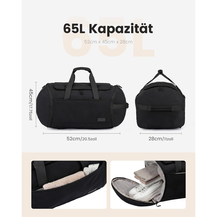 Спортивна сумка LOVEVOOK для чоловіків з відділенням для взуття, 65L, 52x45x28 см, Duffel Bag, для подорожей, Gym Bag, ручна поклажа, чорна