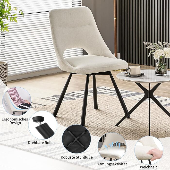 Набір обідніх стільців, 180° поворотний кухонний стілець, стільці для туалетного столика з імітацією бавовни-кашеміру, сучасний м'який стілець для вітальні з металевими ніжками (2 не поворотні, Бежевий)