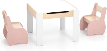 Дерев'яний дитячий стіл з 2 стільцями Dreamade, 3 шт. Дитяча меблева група з двостороннім столиком та місцем для зберігання, комплект меблів для дітей, меблі для хлопчиків та дівчаток (Білий) (Рожевий)