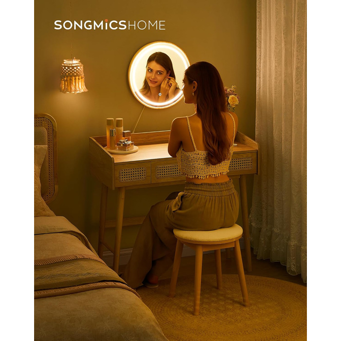 Пуф SONGMICS HOME BOHOVEN - круглий, м'який, з дерев'яними ніжками, для макіяжу, у стилі бохо, кремово-білий та дубово-бежевий
