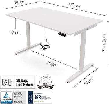 Дитяча парта Yaasa Desk Basic S, регульована по висоті, 120x70 см, вкл. ключовий замок, USB-порт для зарядки, парта, що росте разом з дитиною (біла, 140x80 см)