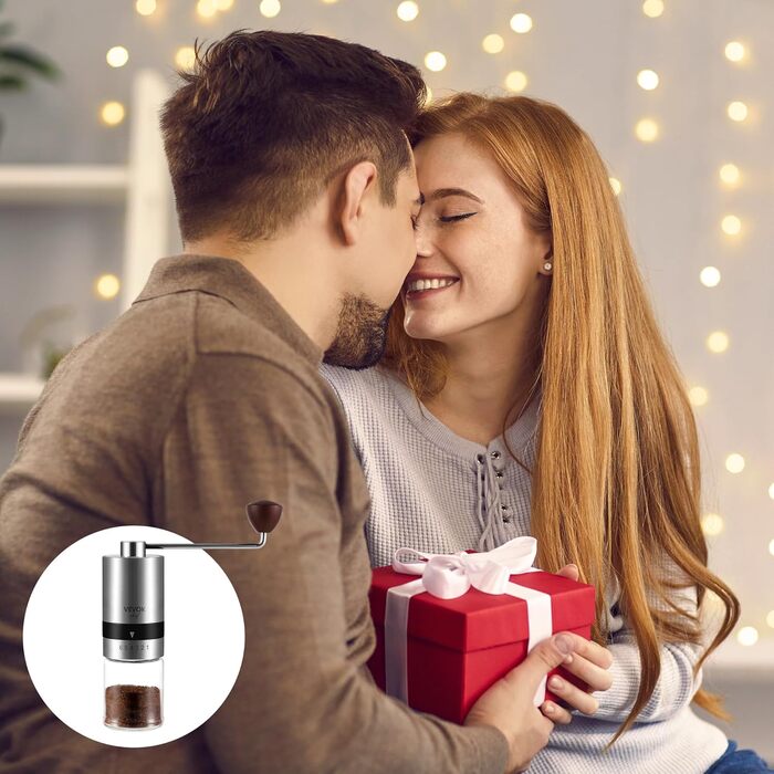 Ручна кавомолка VEVOK CHEF з нержавіючої сталі з керамічним жорном, регульована ступінь помолу, вінтажний дизайн, портативна, для дому та кемпінгу, срібна