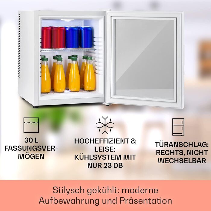 Міні-холодильник Klarstein 32 л, скляні дверцята, тихий, регульовані полиці, для напоїв, закусок і косметики