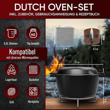 Голландська піч 2в1 з чавуну, 4.8л + сковорода з чавуну 1.8л - набір посуду для приготування, BBQ, кемпінгу та кухні. З кулінарною книгою та аксесуарами. 30 років гарантії. Чорний колір.