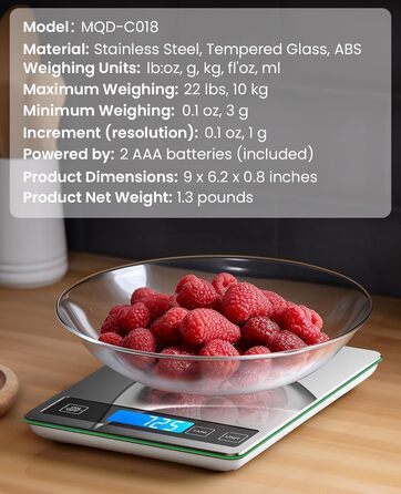 Кухонні ваги Nicewell Digital 10 кг, з точністю 1 г, для приготування їжі та випічки, скляна платформа