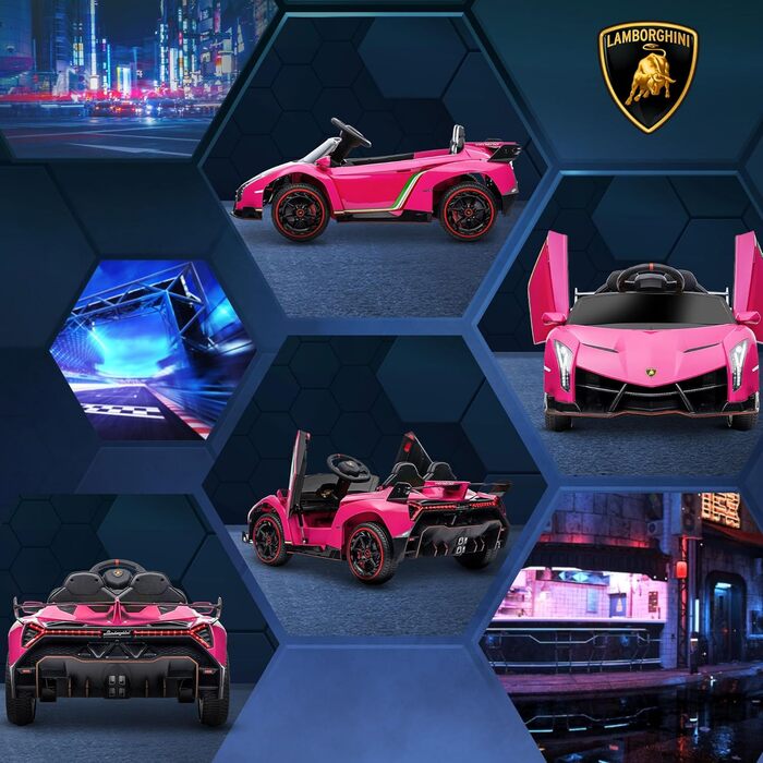 Дитячий електромобіль HOMCOM Lamborghini Veneno 12V з Bluetooth, музикою, пультом ДУ, для дітей 3-6 років, рожевий