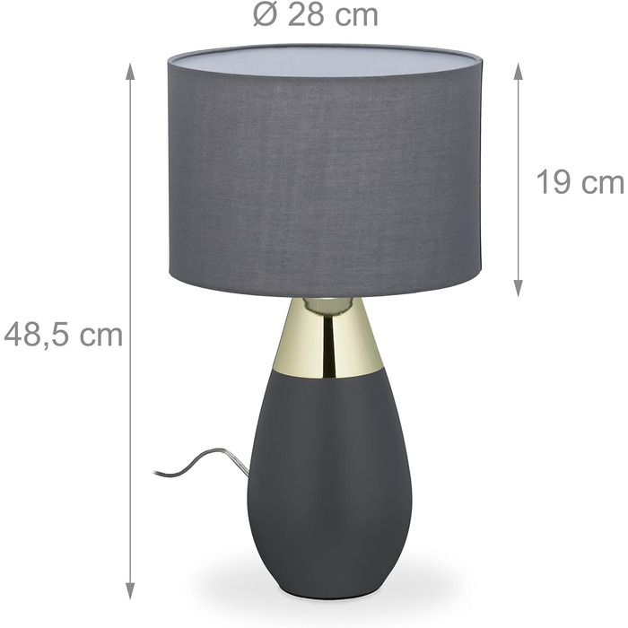 Приліжкова лампа Relaxdays з сенсорним регулюванням, 3 рівні, E14, HxD 48,5 x 28 см, сучасна, сенсорна лампа з абажуром, (сірий/золотий)