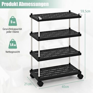 Візок COSTWAY 4 рівня, нішева полиця з колесами та гачками, універсальний візок для кухні, ванної кімнати, 40x259.5 см
