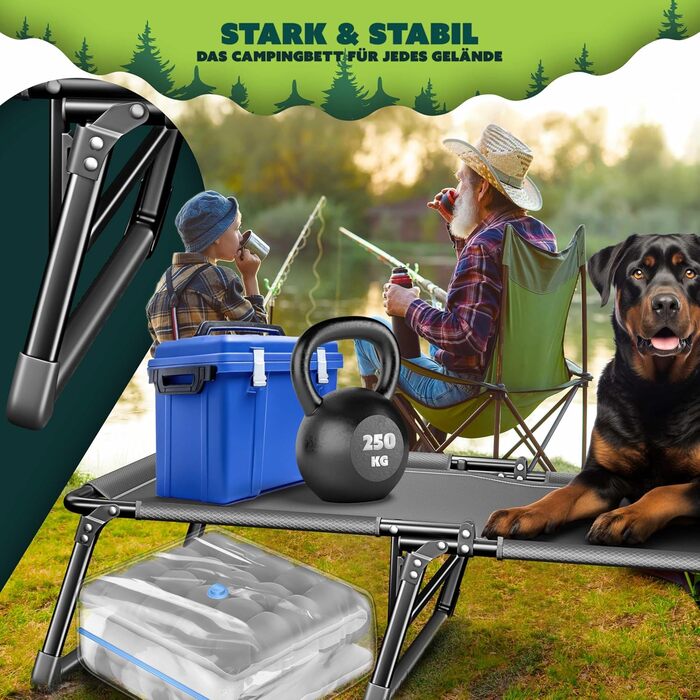 Розкладне кемпінгове ліжко KESSER з преміум-матрацом та подушкою, 190x68x30 см, витримує до 250 кг, з кишенею та підстаканником, антрацит