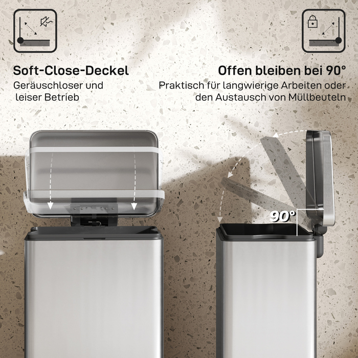 Відро для сміття 20 л з м'яким закриттям кришки, педаллю та знімним внутрішнім відром, срібного кольору, розміром 34,2 x 30,6 x 44,2 см