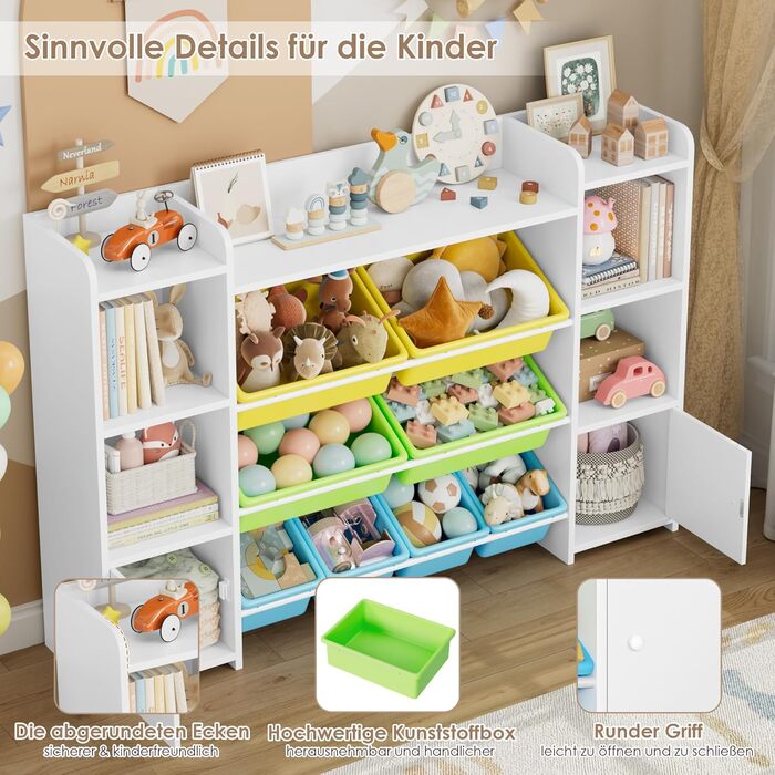 FOREHILL Дитяча полиця з 8 ящиками, дитячий шафа, книжкова полиця для дітей, органайзер для іграшок, меблі для дитячої кімнати, 138,8 x 94,3 x 29,6 см, білий (білий з зеленим)