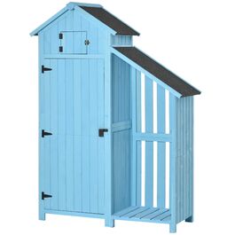 Outsunny Garden Shed Садовий сарай з кімнатою для зберігання дров 3 полиці Асфальтовий дах Ялиця Sky Blue 130x54.5x180см для саду та тераси
