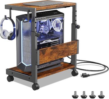 Регульована підставка для комп'ютера Tower з 2-ярусним корпусом ATX, підлоговий стійк, стійка для 3D-принтера з полицями, фіксуючі колеса, сумісна з більшістю комп'ютерів (темно-коричневий, W44 x D30 x H44-59.5cm)