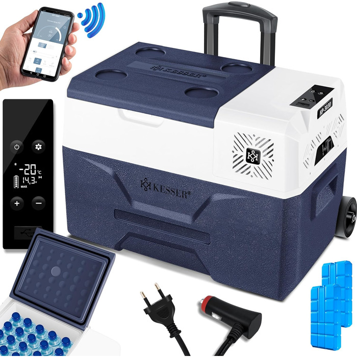Електрична термохолодильник KESSER® Kompressor на 30 літрів, Navyblau з APP-керуванням, USB, 12/24V/230V, -20°C для авто, вантажівки, човна