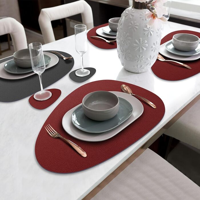 Набір з 6 підставників під тарілки, миючіся з підставками, двосторонні, з імітацією шкіри, водонепроникні, для обіднього столу, кухні, ресторану та дому (червоний)