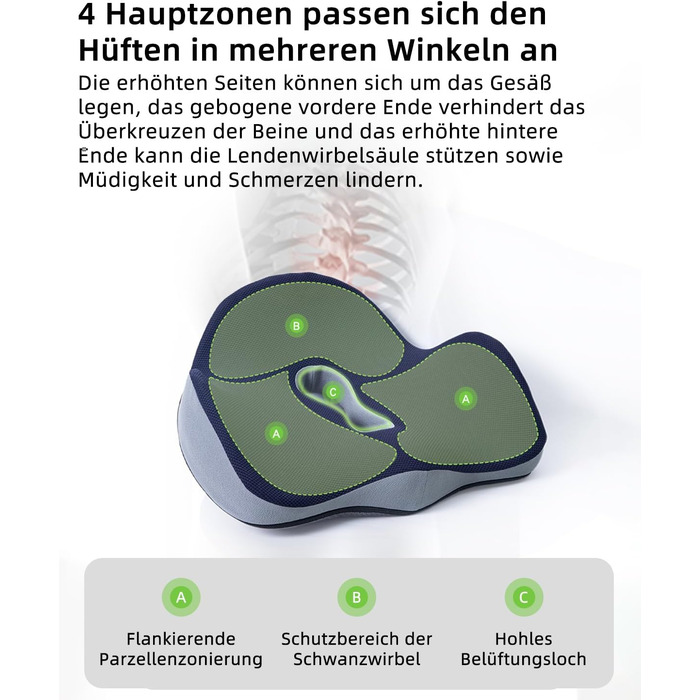 Ортопедична подушка для сидіння, подушка для офісного крісла: ергономічна, з піною з пам'яті, для полегшення болю в куприку та ішіасі, великий розмір