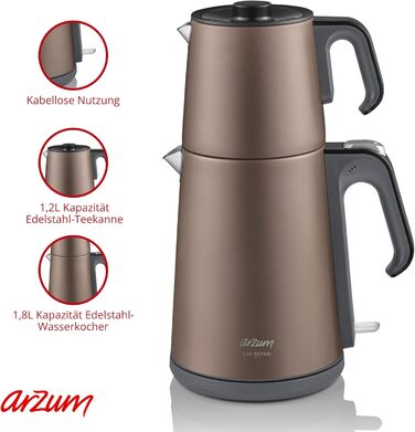 Електричний чайник Arzum Ehlikeyf – турецький чайник, 2200W, 3,5л, 1,2л глечик, нержавіюча сталь, регулювання температури, захист від сухого кипіння