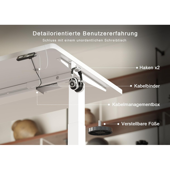 Електричний підйомний стіл Devoko 160x80 см, ергономічний комп'ютерний стіл для роботи стоячи та сидячи, подвійний мотор, пам'ять, USB-C, білий