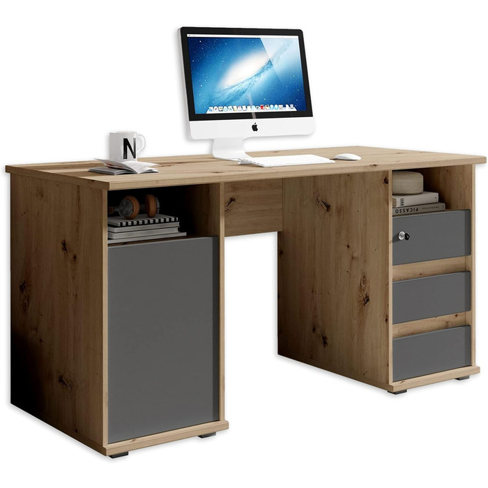 Письмовий стіл з висувними ящиками, - Офісний стіл Комп'ютерний стіл для домашнього офісу з місцем для зберігання та відкритим відсіком для зберігання - 110 x 75 x 65 см (Ш/В/Г) (ширина 145 см, дуб ремісничий / антрацит), 1