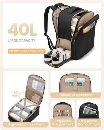 LOVEVOOK Рюкзак для ручної поклажі, 40L, для подорожей, з відділенням для взуття та ноутбука 17 дюймів, водонепроникний, для жінок