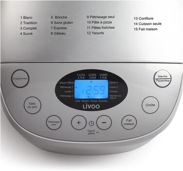 Хлібопекарня LIVOO DOP205W біла з цифровим дисплеєм та 15 програмами