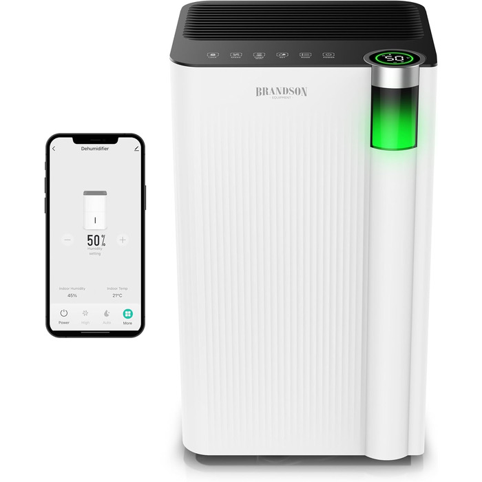 Електричний осушувач повітря Brandson з компресором, 12 літрів, Wi-Fi, з таймером, функцією відтавання, білий