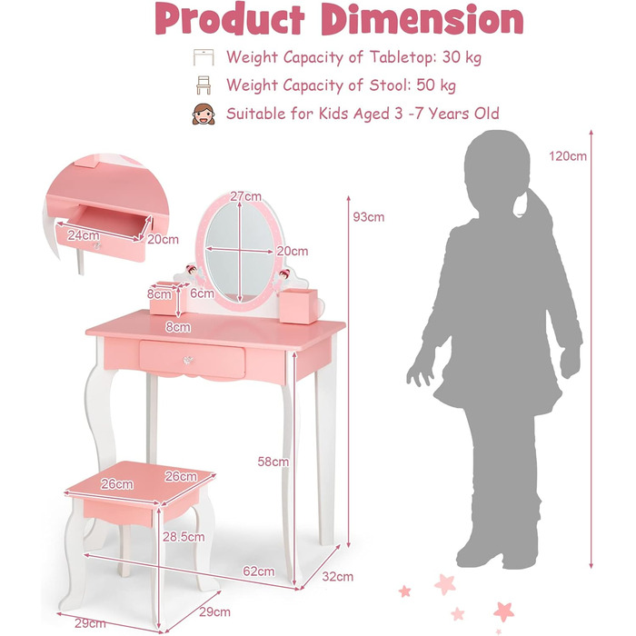 Дитячий туалетний столик LIFEZEAL 2-в-1 з дзеркалом і табуреткою, шухлядою та 2 ящиками, макс. 30 кг, рожевий
