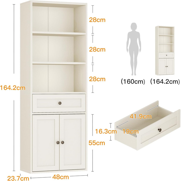 Стелаж Coleshome з дверцятами та шухлядами: 5 полиць, 48x24x164.2 см, білий