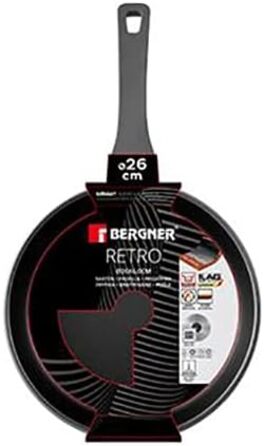 Сковорода Bergner ретро, 26 см, литий алюміній, індукційна, з антипригарним покриттям, енергозберігаюча, міцна, з м'якою ручкою, термостійка, без PFOA, чорна
