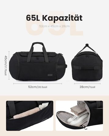 Спортивна сумка LOVEVOOK для чоловіків з відділенням для взуття, 65L, 52x45x28 см, Duffel Bag, для подорожей, Gym Bag, ручна поклажа, чорна